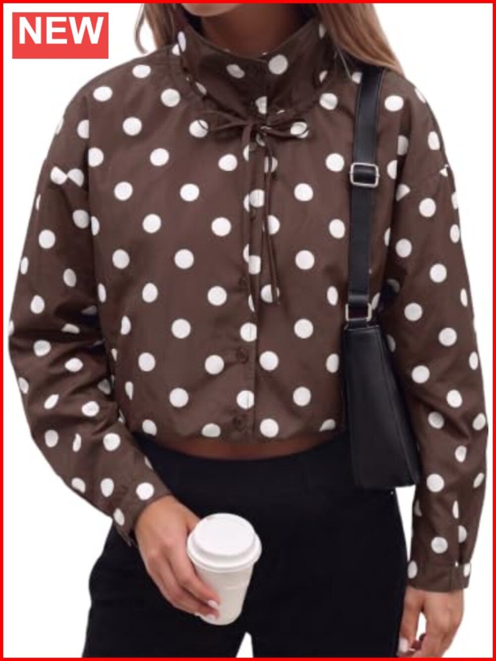 Cropped Polka Dot Jacket Drawstring Button Down Womens Casual Coat